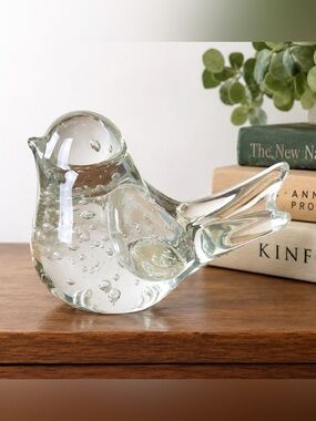 Vintage Balos Controlled Bubble Art Glass Bird Paperweight Clear Mouth Blown